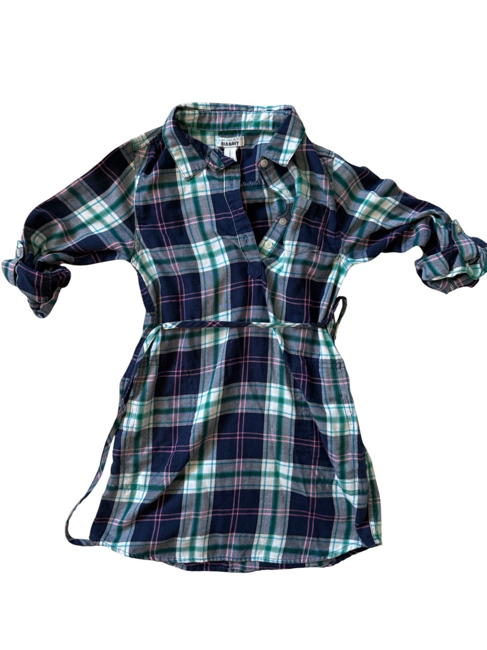 Old Navy Girls Blue Plaid Popover Flannel Dress Size S (6-7) Belted